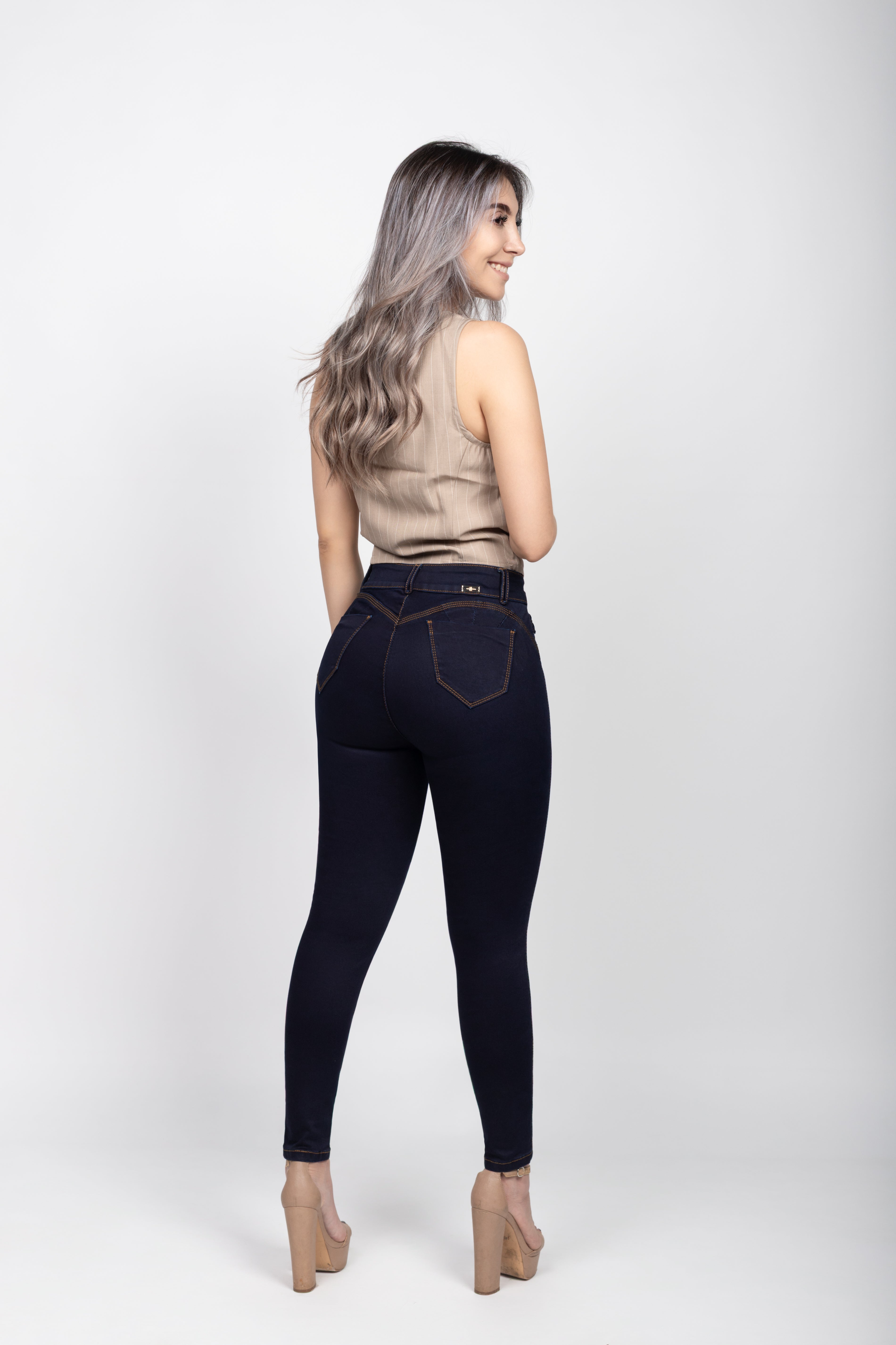 Skinny Jeans Cintura Alta con Bolsillo Trenzado