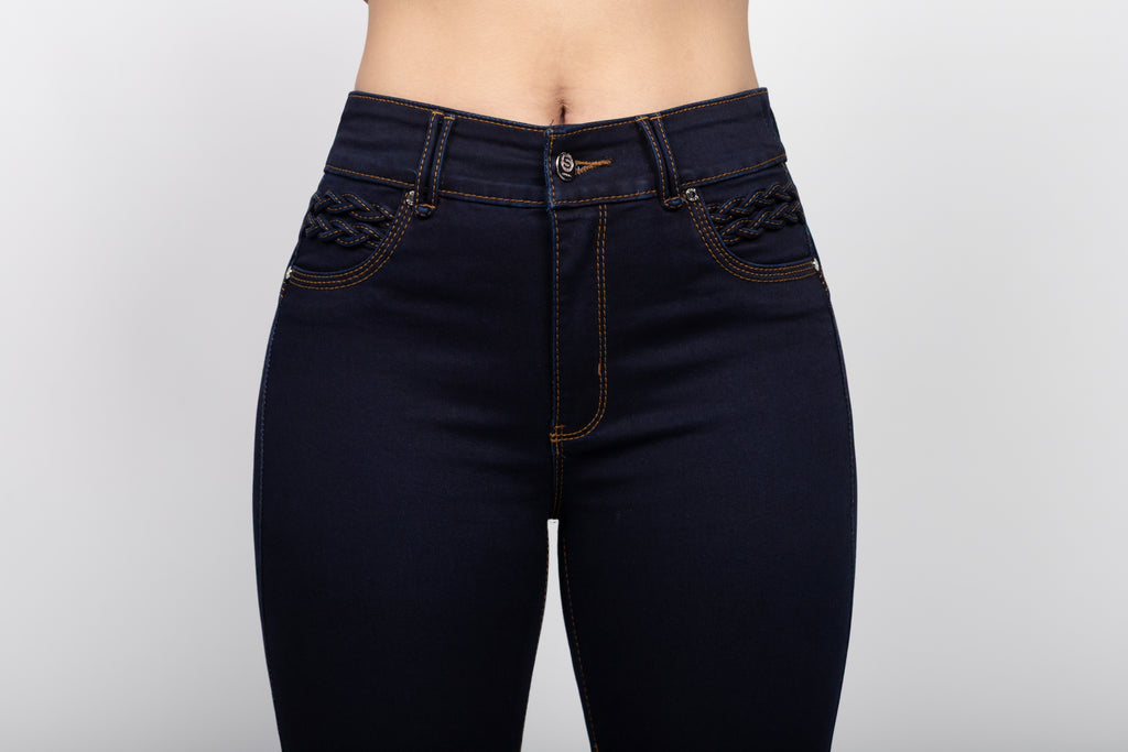 Skinny Jeans Cintura Alta con Bolsillo Trenzado