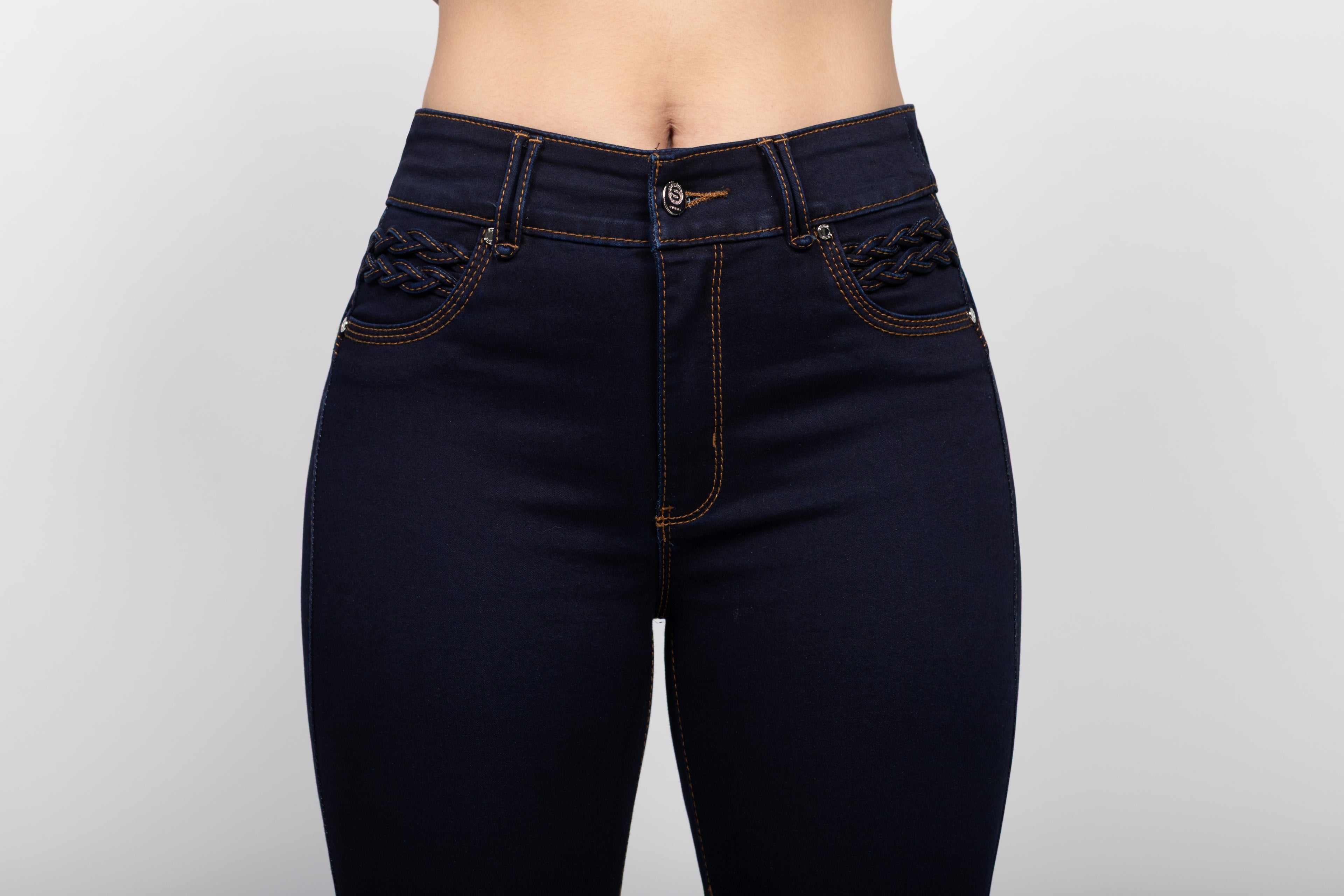 Skinny Jeans Cintura Alta con Bolsillo Trenzado